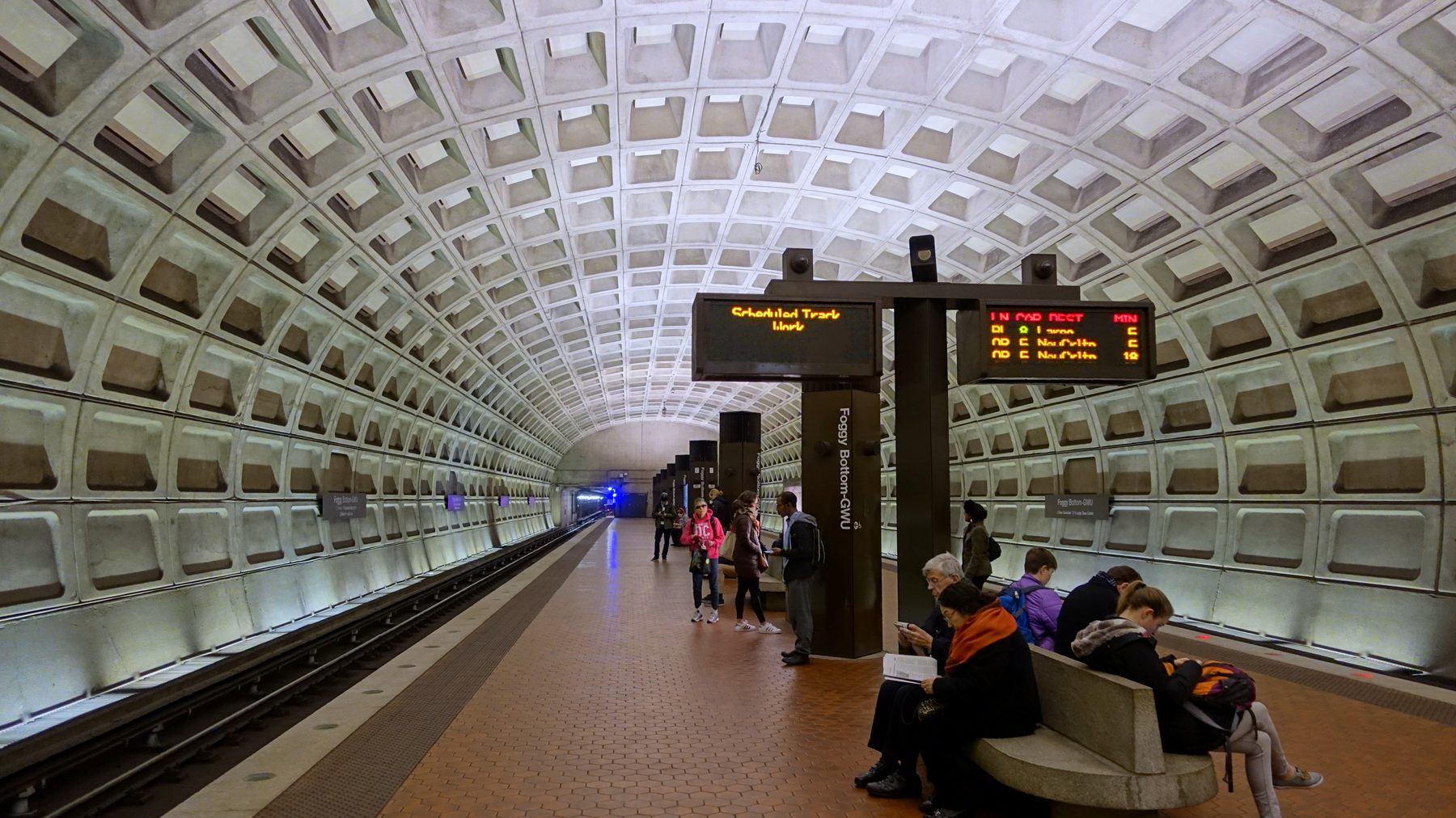 Foggy Bottom-GWU Metro station platform -- the coffered brutalist concrete vault (Harry Weese design) that is Washington Metro’s true shared iconography, statio