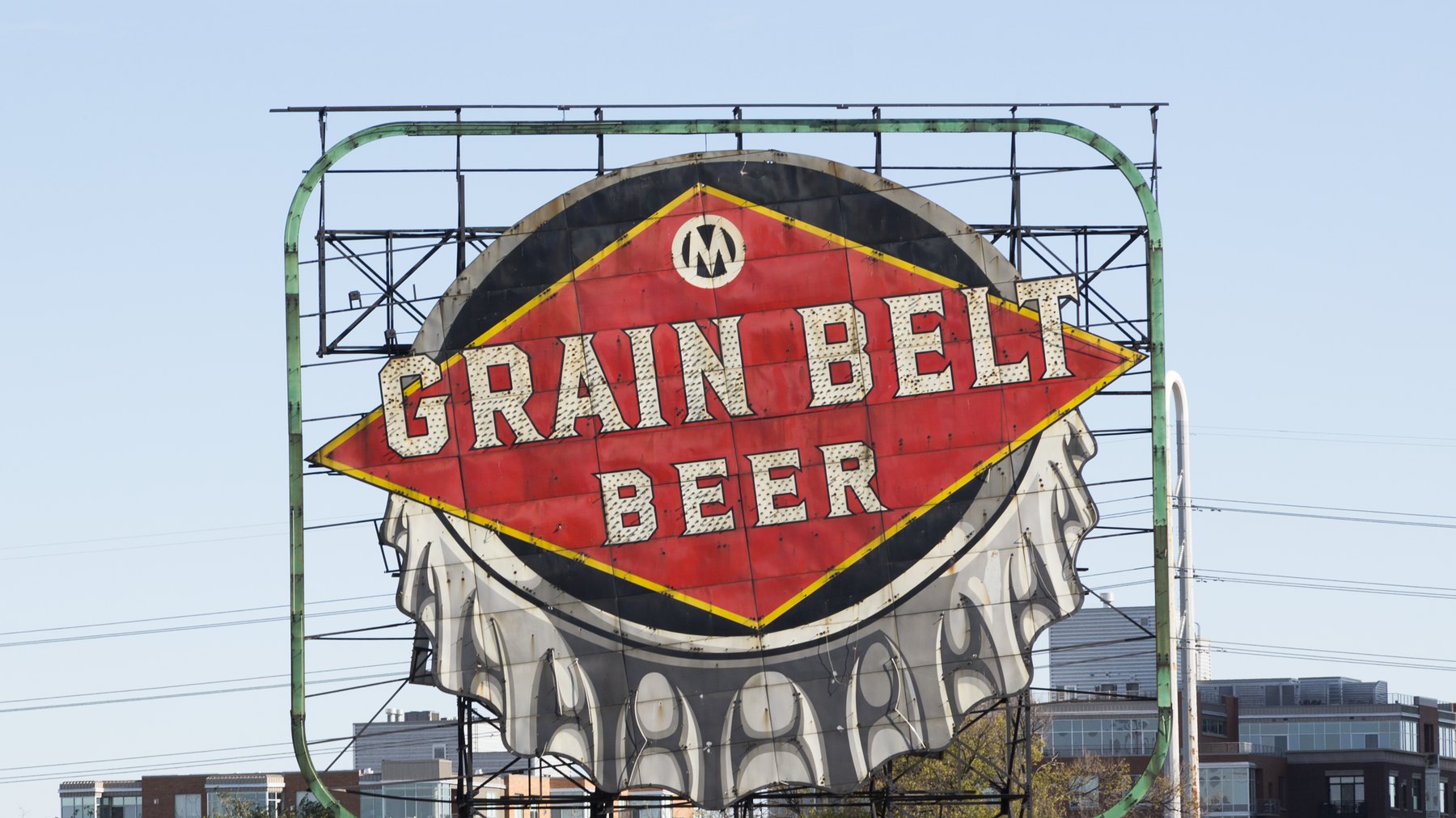 Grain Belt Beer sign, the giant lighted bottle-cap billboard over the Mississippi near Nordeast -- Minneapolis’s #5 identity subject (Grain Belt Beer sign, "pur